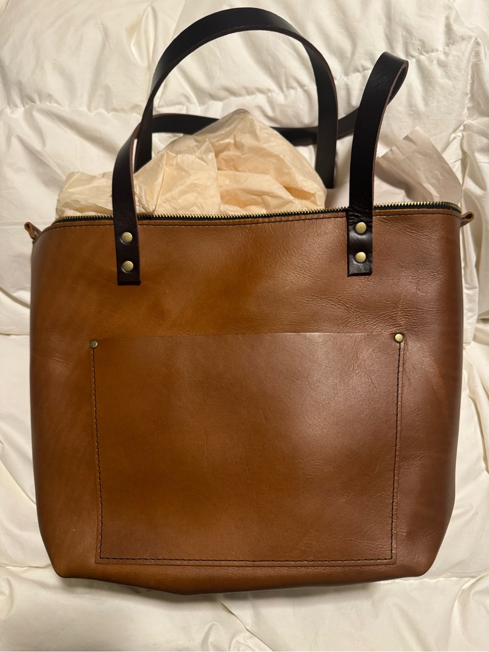 Portland Leather Honey colored Leather Tote Bag with Dark Handles- Never Used